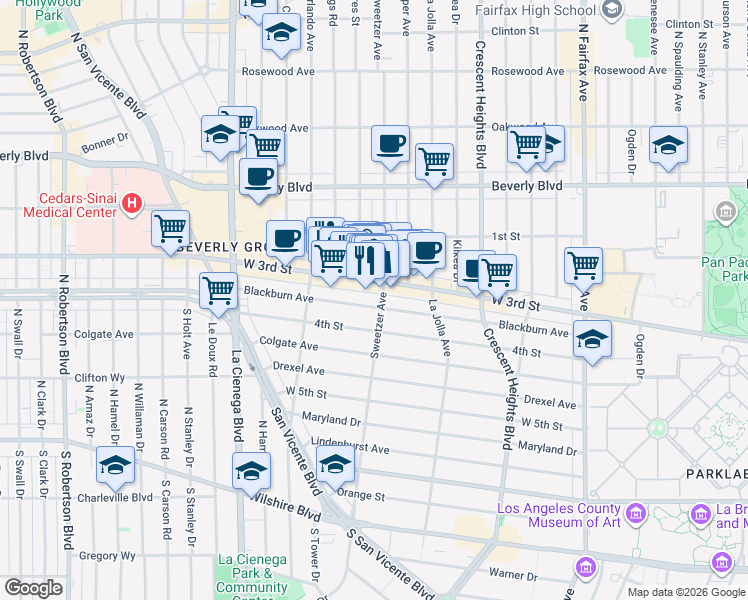 map of restaurants, bars, coffee shops, grocery stores, and more near 8307 Blackburn Avenue in Los Angeles