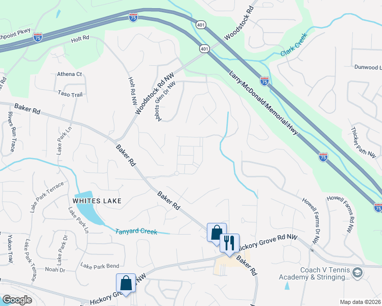 map of restaurants, bars, coffee shops, grocery stores, and more near 2820 Baker Drive in Acworth