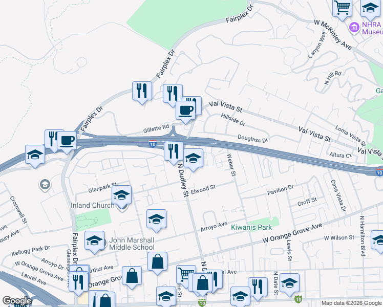 map of restaurants, bars, coffee shops, grocery stores, and more near 1487 Thunder Court in Pomona