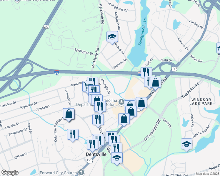 map of restaurants, bars, coffee shops, grocery stores, and more near 52 Moonglo Circle in Columbia