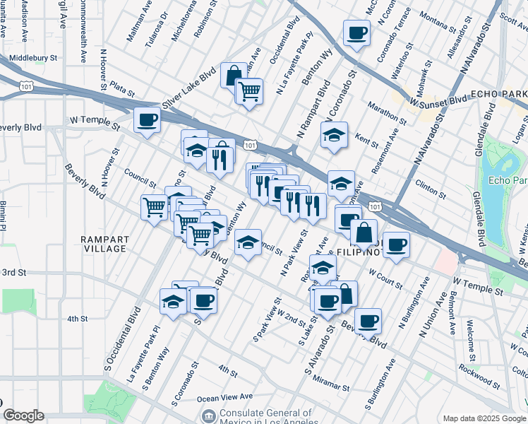 map of restaurants, bars, coffee shops, grocery stores, and more near in Los Angeles