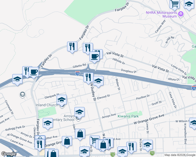 map of restaurants, bars, coffee shops, grocery stores, and more near 1479 Thunder Court in Pomona