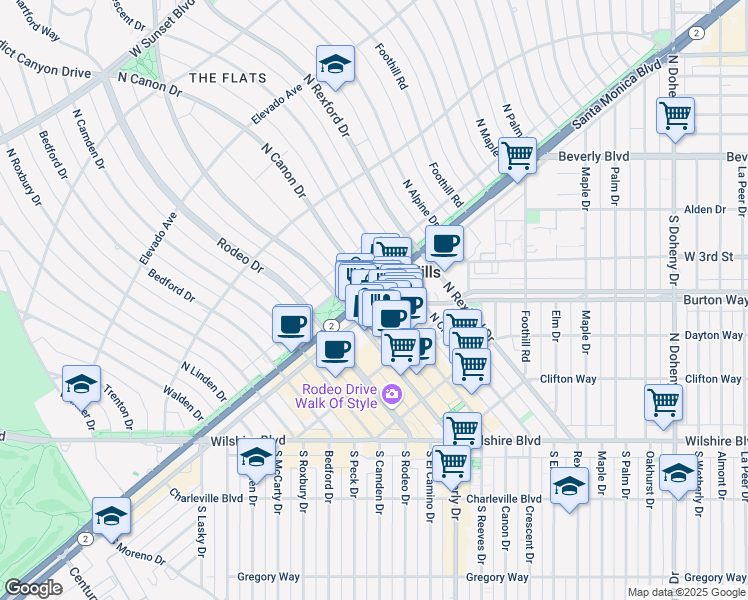 map of restaurants, bars, coffee shops, grocery stores, and more near 9390 North Santa Monica Boulevard in Beverly Hills