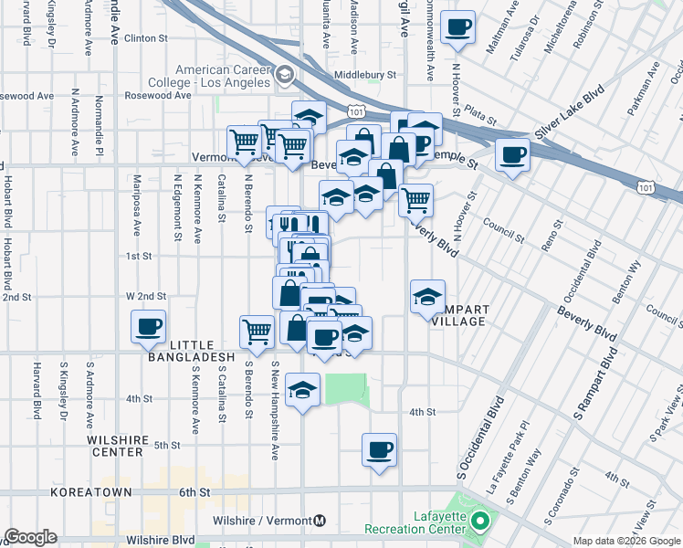 map of restaurants, bars, coffee shops, grocery stores, and more near 3533 White House Place in Los Angeles