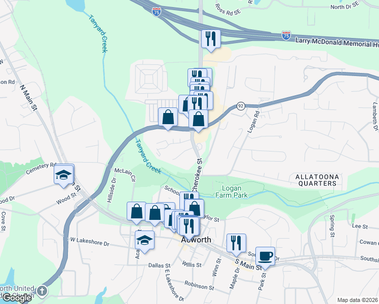 map of restaurants, bars, coffee shops, grocery stores, and more near 5094 Jenny Drive in Acworth