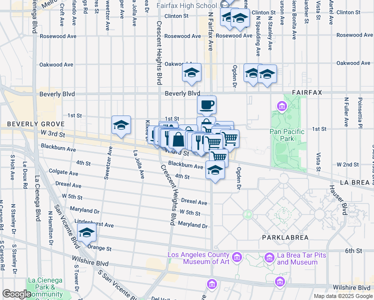 map of restaurants, bars, coffee shops, grocery stores, and more near 156 South Edinburgh Avenue in West Hollywood
