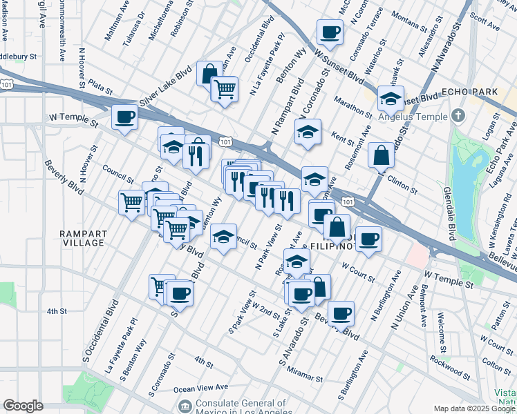 map of restaurants, bars, coffee shops, grocery stores, and more near W Temple St & N Coronado St in Los Angeles