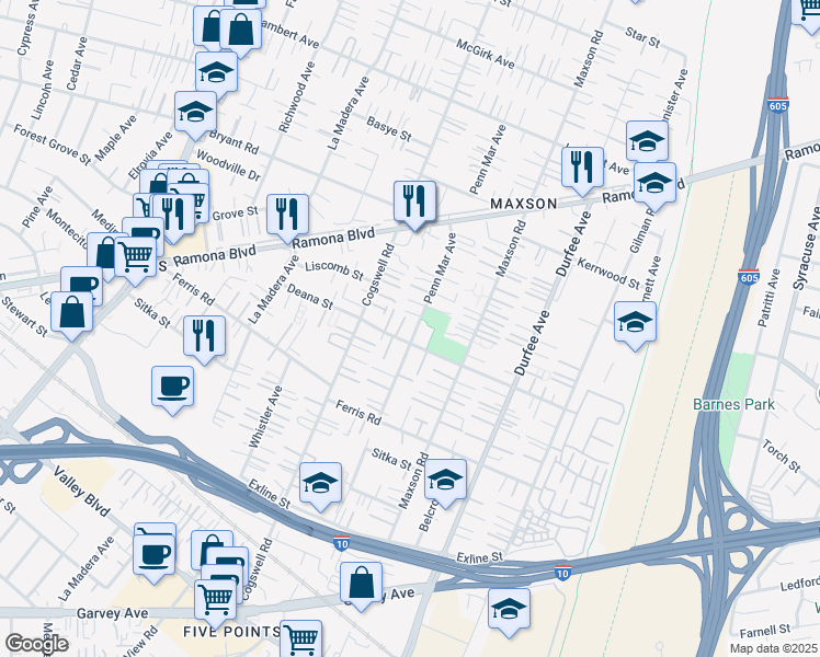 map of restaurants, bars, coffee shops, grocery stores, and more near 3815 Penn Mar Avenue in El Monte