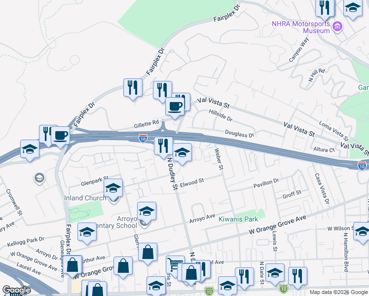 map of restaurants, bars, coffee shops, grocery stores, and more near 1485 Thunder Court in Pomona