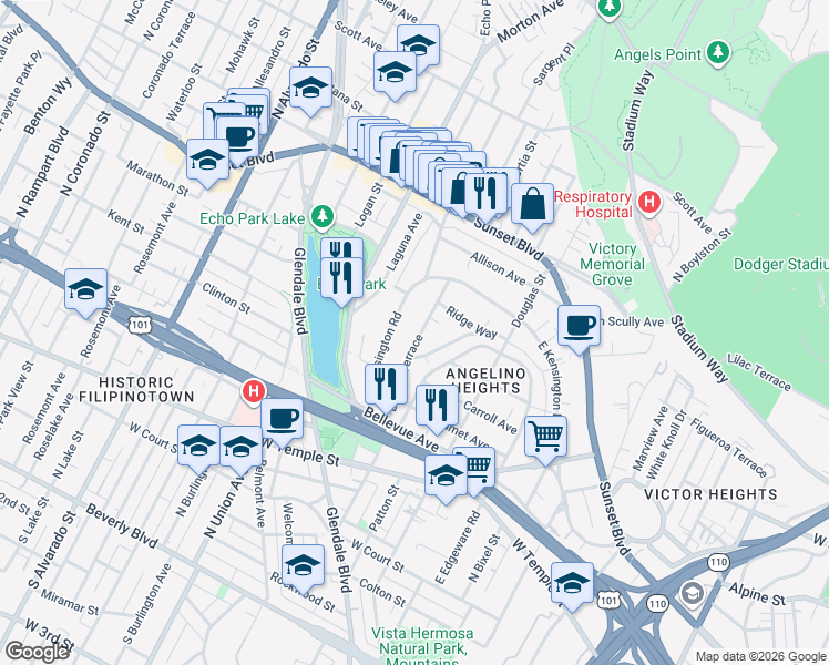 map of restaurants, bars, coffee shops, grocery stores, and more near 843 Laveta Terrace in Los Angeles