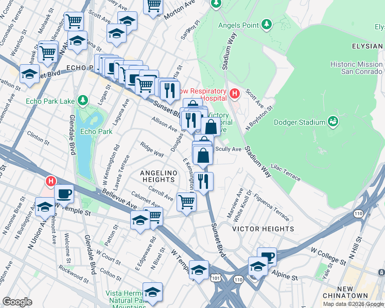 map of restaurants, bars, coffee shops, grocery stores, and more near 34 Sunset Boulevard in Los Angeles