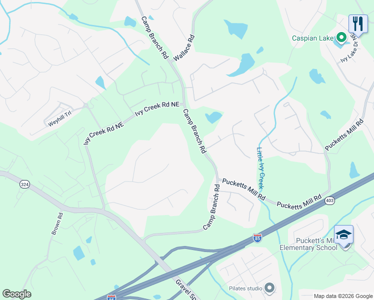 map of restaurants, bars, coffee shops, grocery stores, and more near 2850 Camp Branch Road in Buford