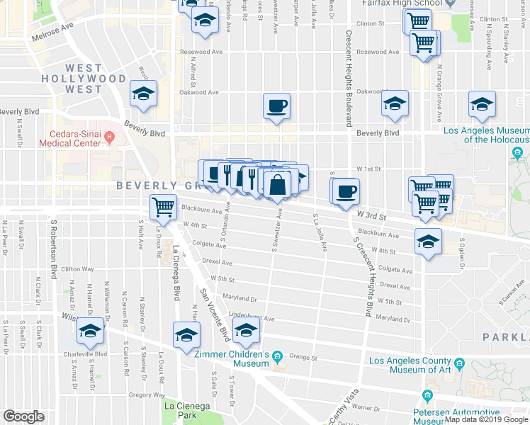 map of restaurants, bars, coffee shops, grocery stores, and more near 8323 Blackburn Avenue in Los Angeles