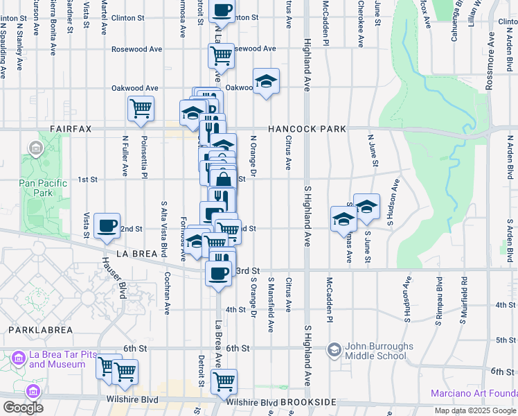 map of restaurants, bars, coffee shops, grocery stores, and more near 148 South Orange Drive in Los Angeles