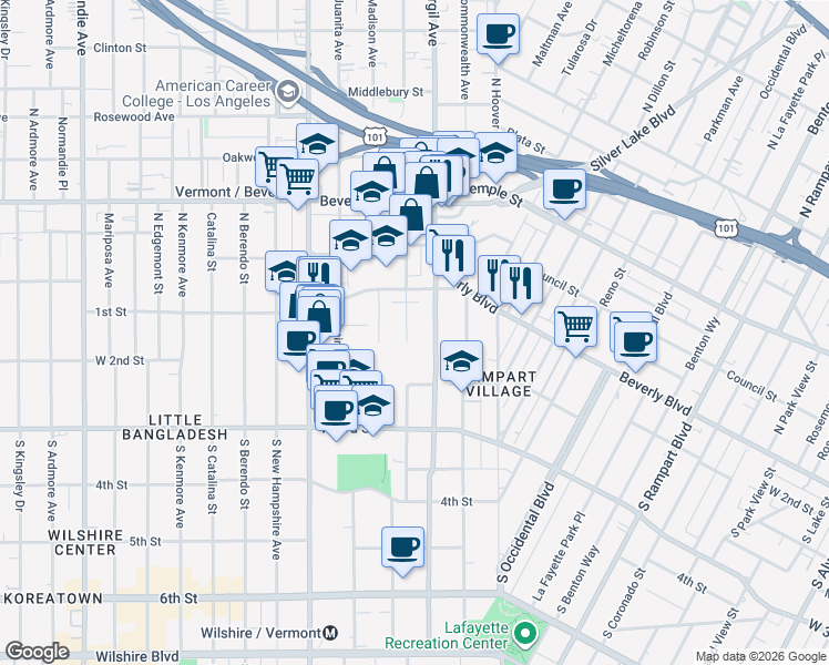 map of restaurants, bars, coffee shops, grocery stores, and more near 133 South Virgil Avenue in Los Angeles