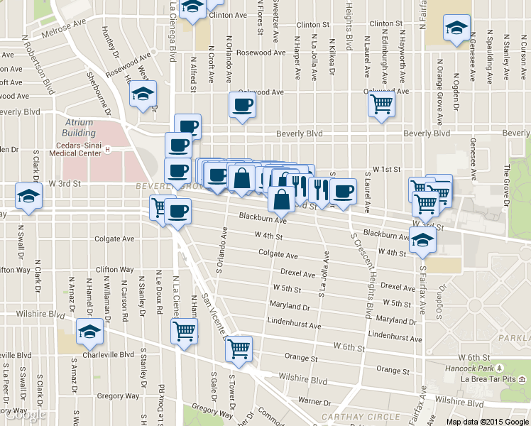 map of restaurants, bars, coffee shops, grocery stores, and more near 8323 Blackburn Avenue in Los Angeles