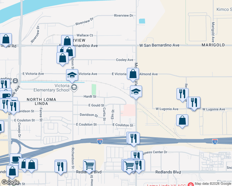 map of restaurants, bars, coffee shops, grocery stores, and more near 1510 Mountain View Avenue in San Bernardino