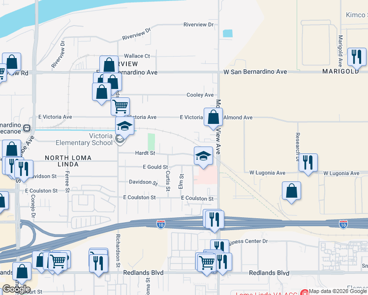 map of restaurants, bars, coffee shops, grocery stores, and more near 1510 Mountain View Avenue in San Bernardino