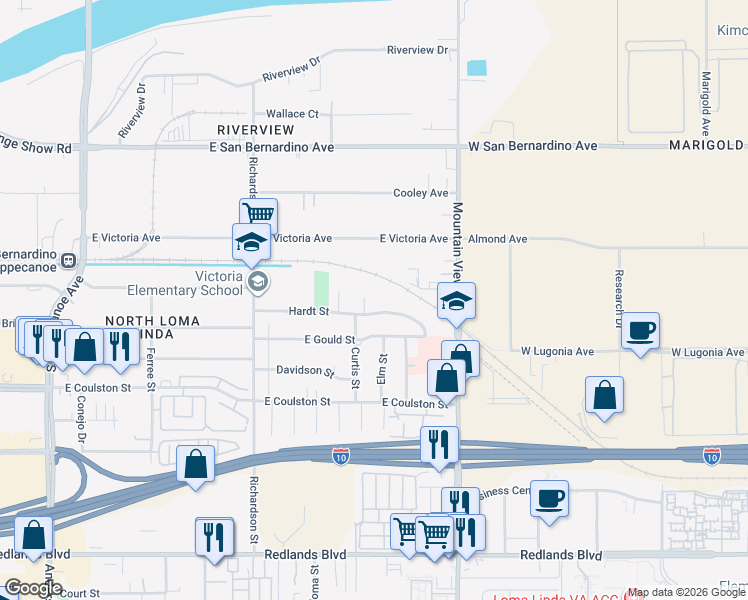 map of restaurants, bars, coffee shops, grocery stores, and more near 1505 Curtis Street in Loma Linda