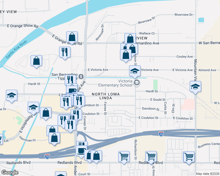 map of restaurants, bars, coffee shops, grocery stores, and more near 1369 Hardt Street in San Bernardino