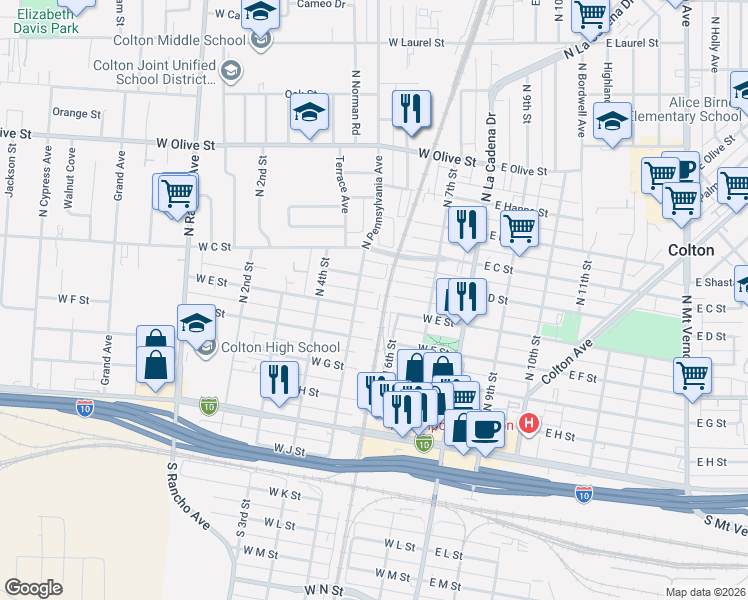map of restaurants, bars, coffee shops, grocery stores, and more near 316 West D Street in Colton