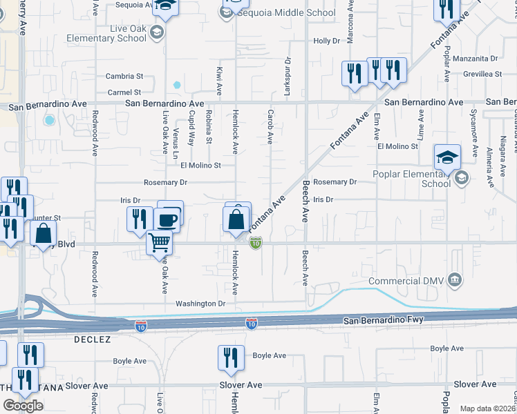 map of restaurants, bars, coffee shops, grocery stores, and more near 9960 Carob Avenue in Fontana