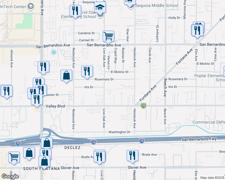 map of restaurants, bars, coffee shops, grocery stores, and more near 9975 Live Oak Avenue in Fontana