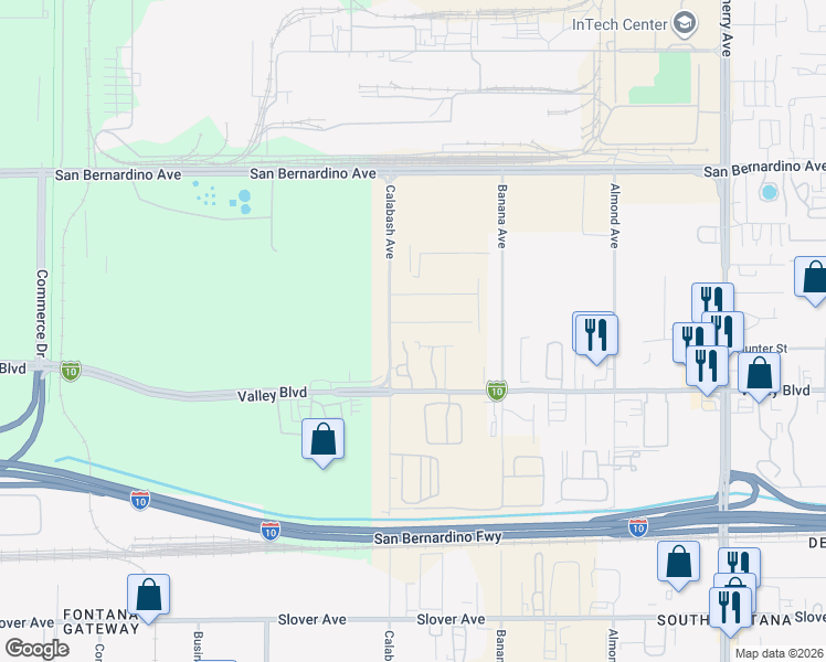map of restaurants, bars, coffee shops, grocery stores, and more near 13940 Iris Drive in Fontana