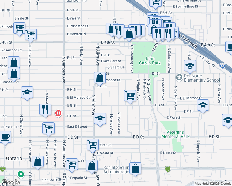 map of restaurants, bars, coffee shops, grocery stores, and more near 968 East H Street in Ontario