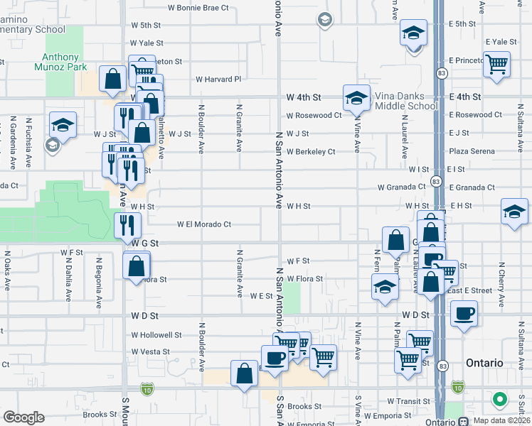 map of restaurants, bars, coffee shops, grocery stores, and more near 726 West H Street in Ontario