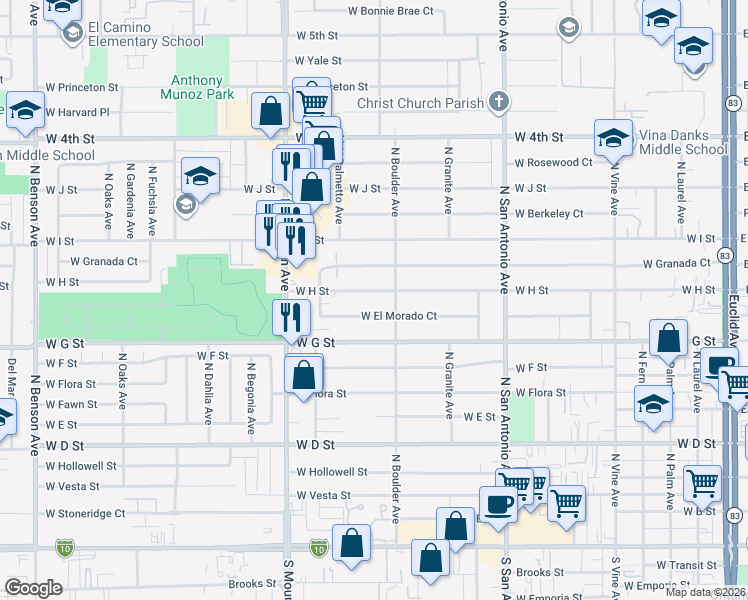 map of restaurants, bars, coffee shops, grocery stores, and more near 918 West H Street in Ontario