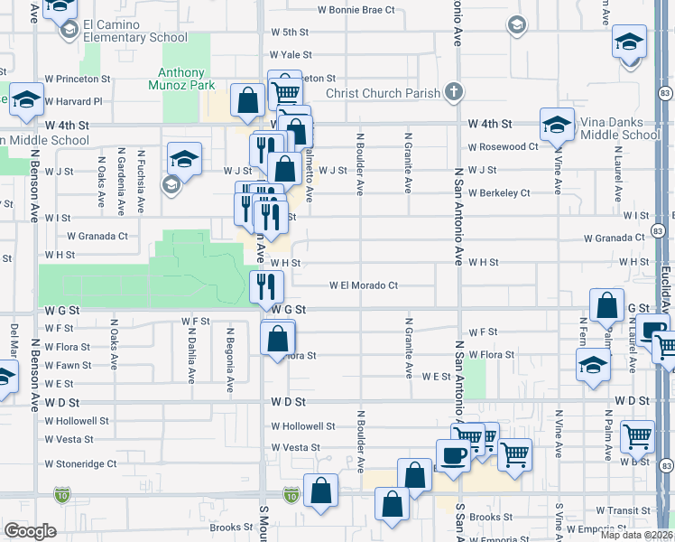 map of restaurants, bars, coffee shops, grocery stores, and more near 918 West H Street in Ontario