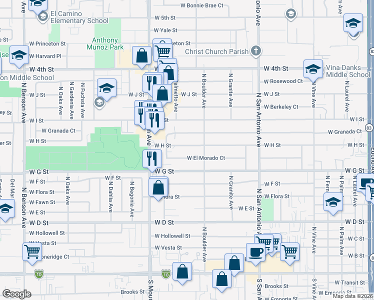 map of restaurants, bars, coffee shops, grocery stores, and more near 958 West H Street in Ontario