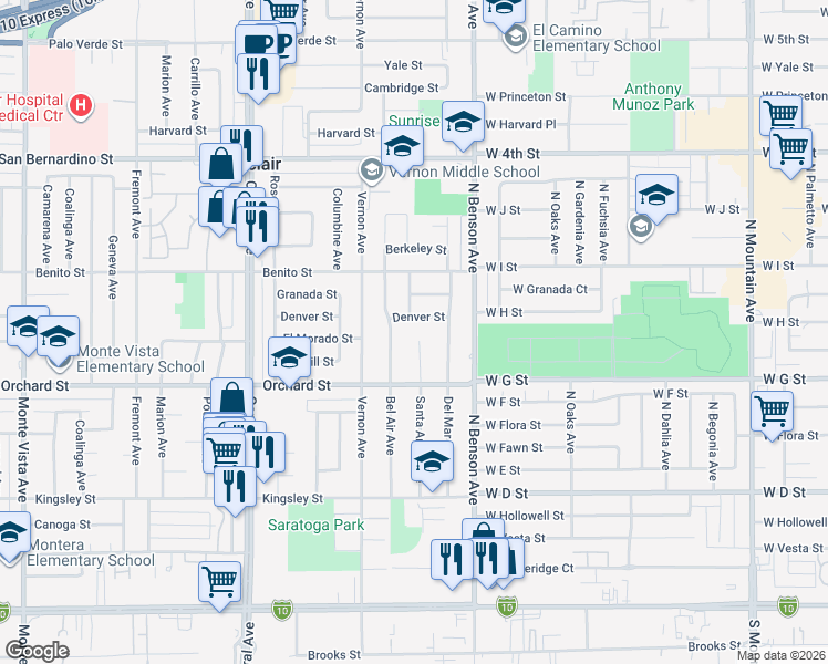 map of restaurants, bars, coffee shops, grocery stores, and more near 5629 Denver Street in Montclair