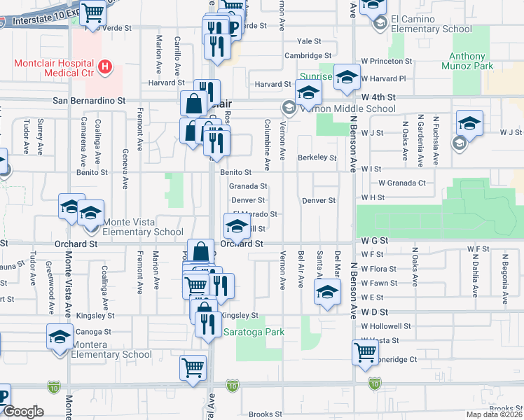 map of restaurants, bars, coffee shops, grocery stores, and more near 5413 Denver Street in Montclair