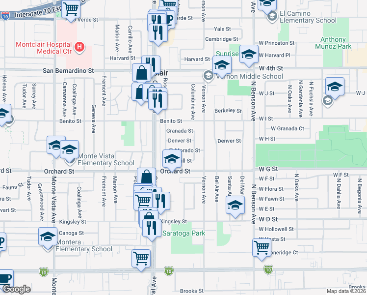 map of restaurants, bars, coffee shops, grocery stores, and more near 5413 Denver Street in Montclair