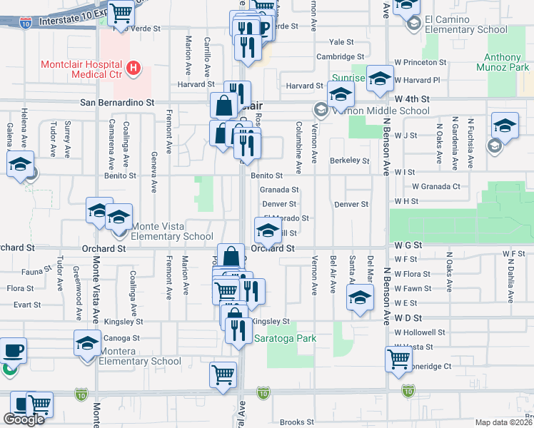 map of restaurants, bars, coffee shops, grocery stores, and more near 5359 Denver Street in Montclair