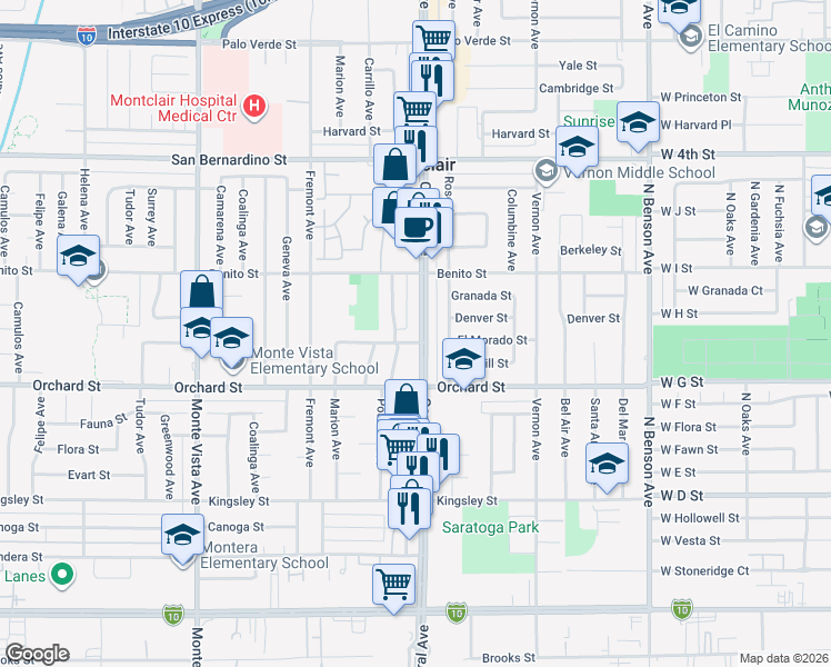 map of restaurants, bars, coffee shops, grocery stores, and more near 9986 Central Avenue in Montclair