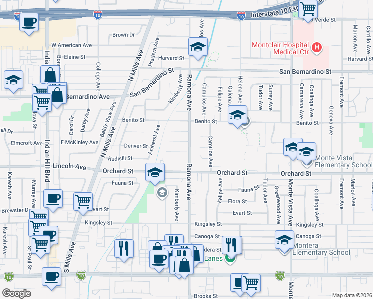 map of restaurants, bars, coffee shops, grocery stores, and more near 4465 Denver Street in Montclair