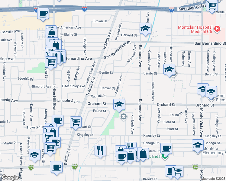 map of restaurants, bars, coffee shops, grocery stores, and more near 4324 Denver Street in Montclair