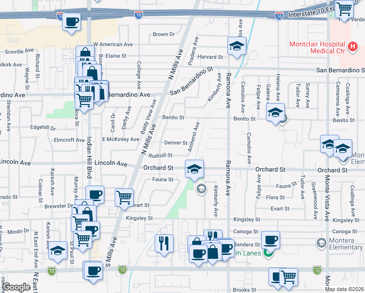 map of restaurants, bars, coffee shops, grocery stores, and more near 4324 Denver Street in Montclair