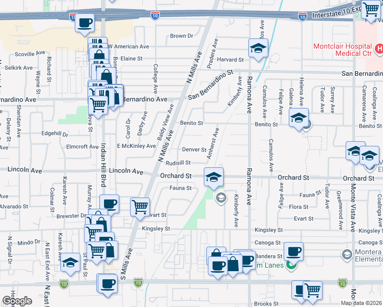 map of restaurants, bars, coffee shops, grocery stores, and more near 4254 Denver Street in Montclair