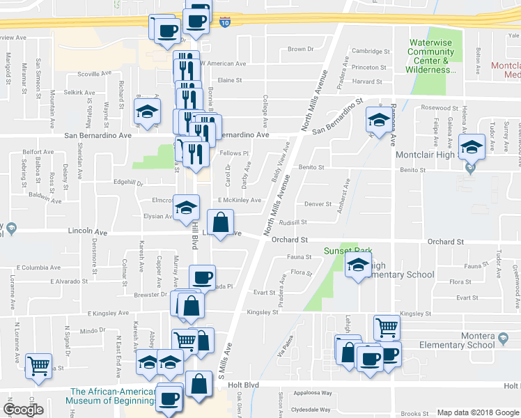 map of restaurants, bars, coffee shops, grocery stores, and more near 1782 East McKinley Avenue in Pomona