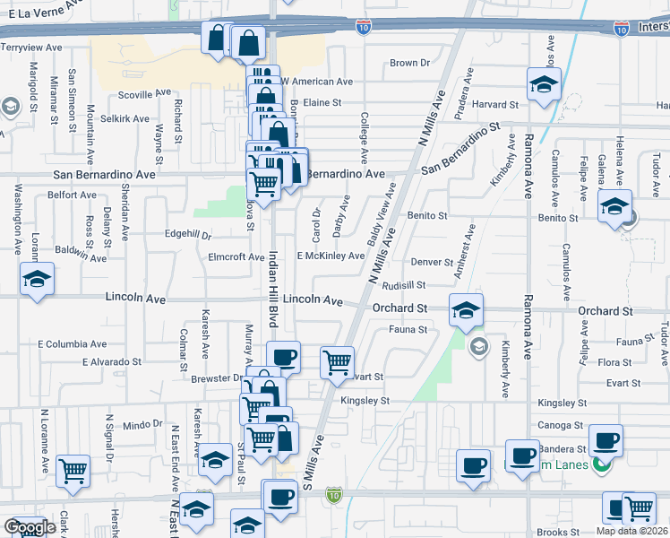 map of restaurants, bars, coffee shops, grocery stores, and more near 1718 East McKinley Avenue in Pomona