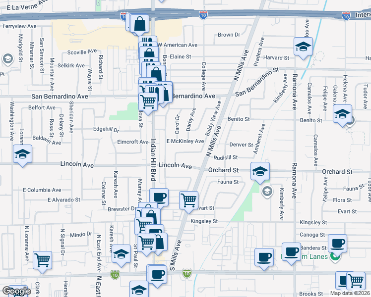 map of restaurants, bars, coffee shops, grocery stores, and more near 1718 East McKinley Avenue in Pomona