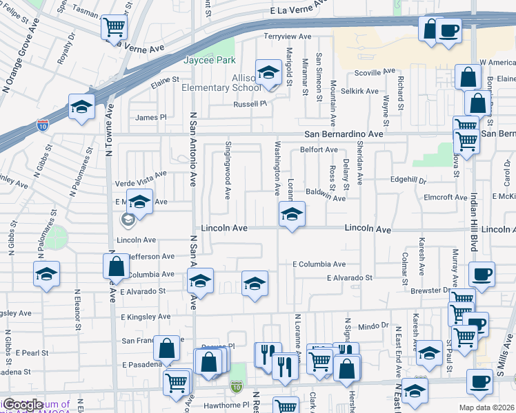 map of restaurants, bars, coffee shops, grocery stores, and more near 978 Barbara Lane in Pomona