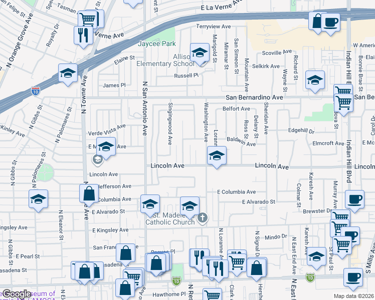 map of restaurants, bars, coffee shops, grocery stores, and more near 906 Barbara Lane in Pomona
