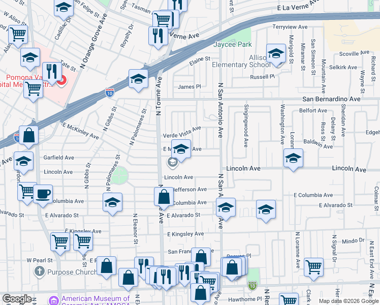 map of restaurants, bars, coffee shops, grocery stores, and more near 1325 North Caswell Avenue in Pomona