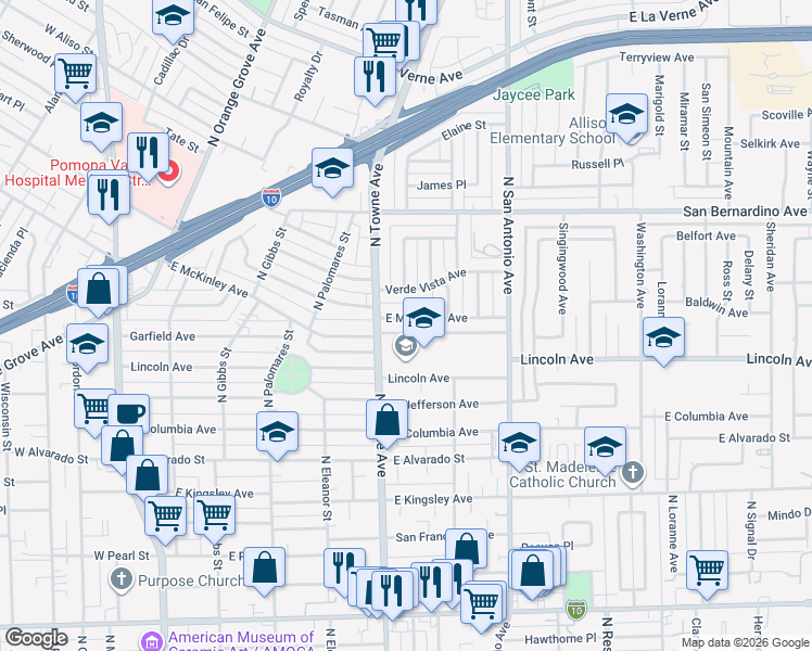 map of restaurants, bars, coffee shops, grocery stores, and more near 633 East McKinley Avenue in Pomona
