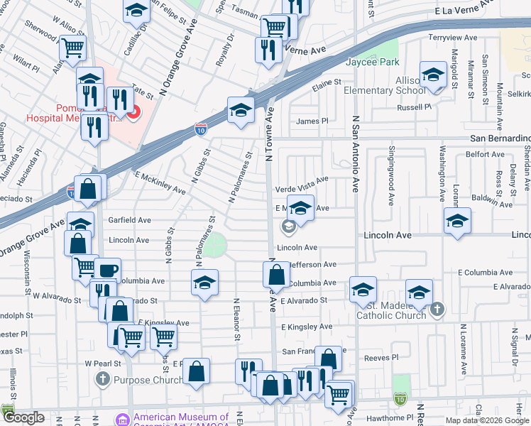 map of restaurants, bars, coffee shops, grocery stores, and more near 486 Roosevelt Avenue in Pomona